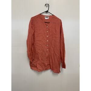 FLAX Tunic Orange Blouse 100% Linen SZ L Collarless Lagenlook Oversized